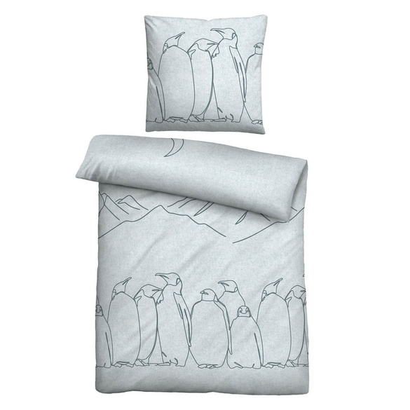 biberna Melange-Flanell Bettwäsche Pinguin ciel, 135x200 cm + 80x80 cm