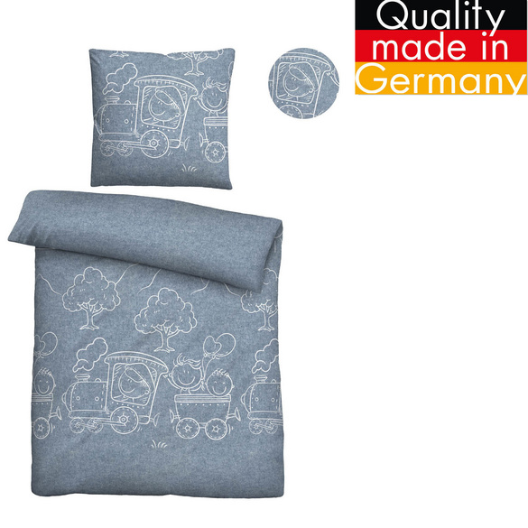 biberna Melange-Flanell Bettwäsche Lokomotive blau, 100x135 cm + 40x60 cm