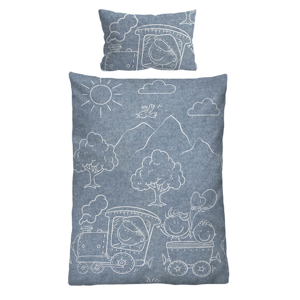 biberna Melange-Flanell Bettwäsche Lokomotive blau, 100x135 cm + 40x60 cm