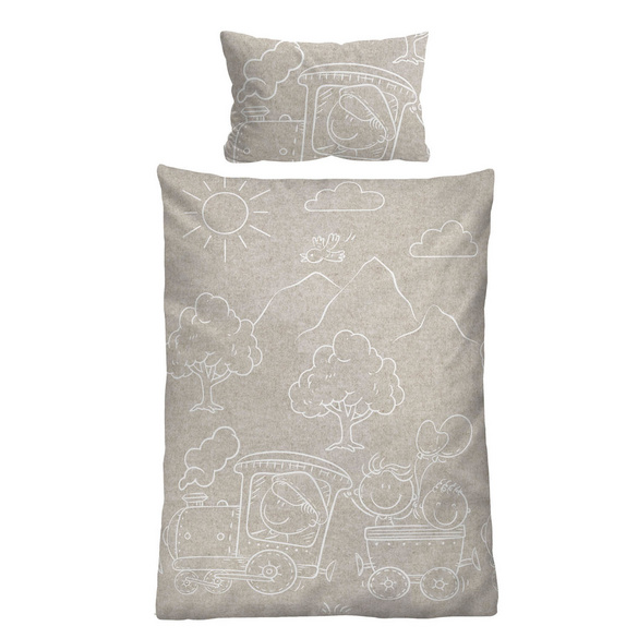 biberna Melange-Flanell Bettwäsche Lokomotive kitt, 100x135 cm + 40x60 cm