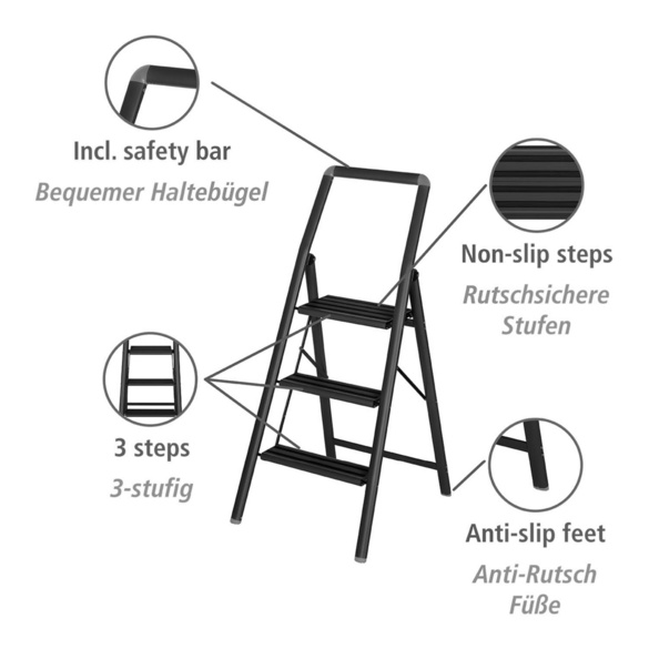 Alu-Klapptrittleiter Compact 3-stufig Schwarz WENKO