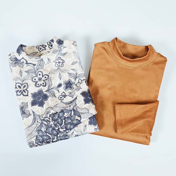 Langarm-Shirts camel + gemustert 2er-Set