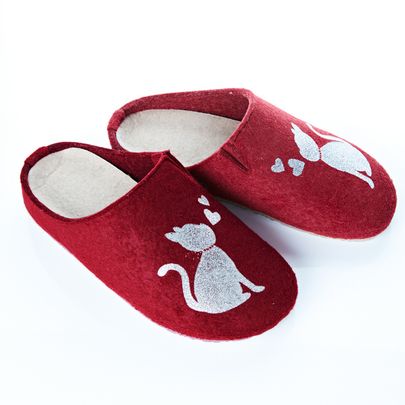 Filz-Pantoffel "Katze" bordeaux