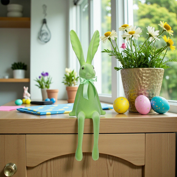 Dekofigur Hase beflockt aus Kunststoff Grün