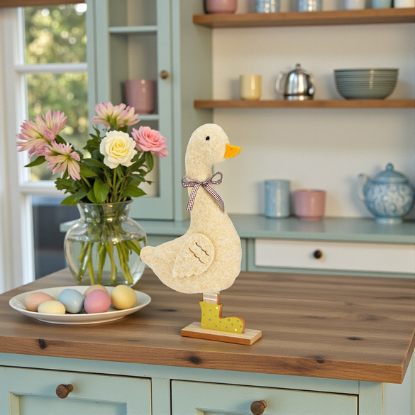 Dekofigur Ente mit Schleife aus Textil/Holz Beige