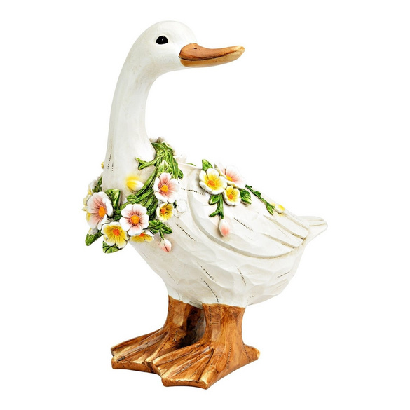 Dekofigur Gans mit Blumenkranz aus Magnesia rückblickend