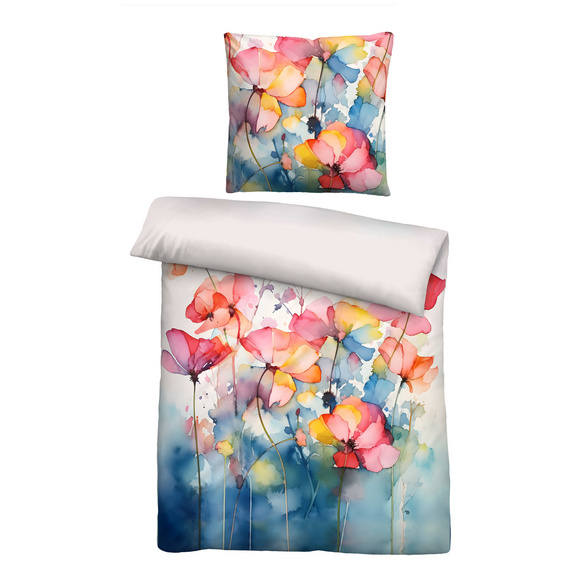 biberna Tencel Bettwäsche Aquarell Blumen taubenblau, 1x 135x200 cm + 1x 80x80 cm
