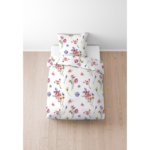 biberna Seersucker Bettwäsche Sommerblumen pink, 1x 155x220 cm + 1x 80x80 cm