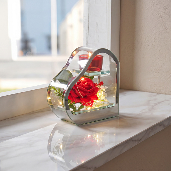 LED-Dekoherz "Rote Rose" 3D-Effekt mit Teelichthalter Eldo