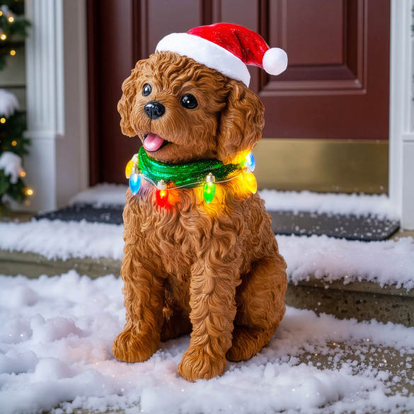 Dekofigur "Leuchtender Labradoodle mit Weihnachtsmütze"