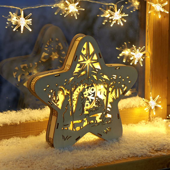 3D-Holzstern LED mit Krippenmotiv Eldo