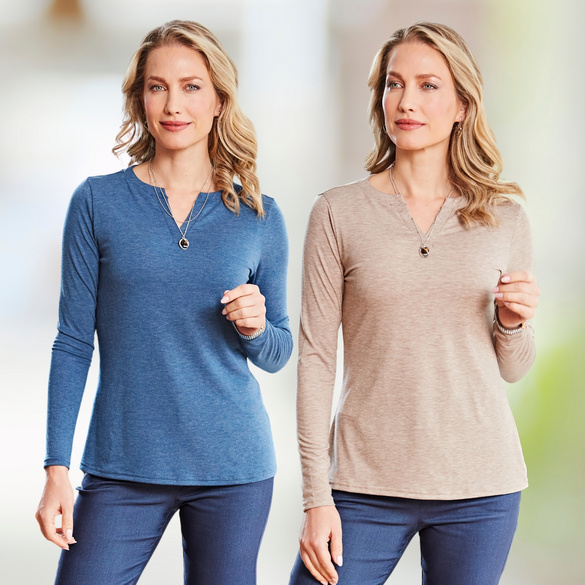 Shirt mit Tunika-Ausschnitt 2er-Set blau + taupe