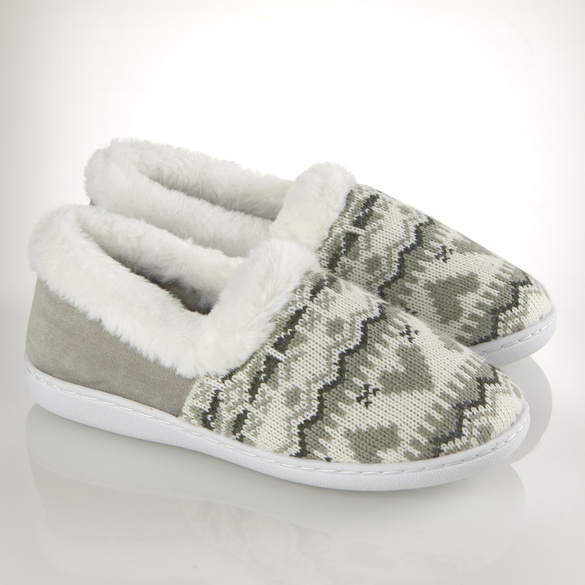 Kuschelhausschuh "Helena" mit Strickmuster weiß-grau