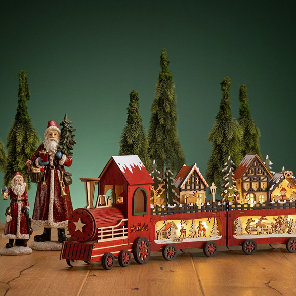 LED-Weihnachtszug mit Winterszene aus Holz