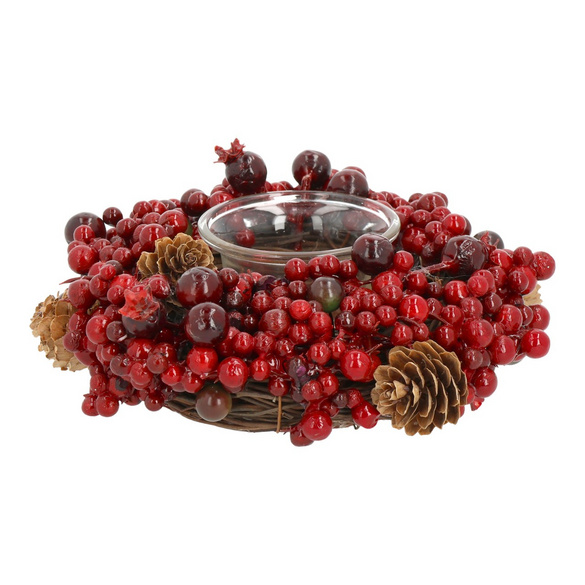 Teelichthalter Kranz mit Beeren und Zapfen, rot