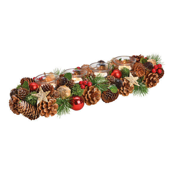 Adventsgesteck mit 4 Teelichthaltern aus Holz und Glas