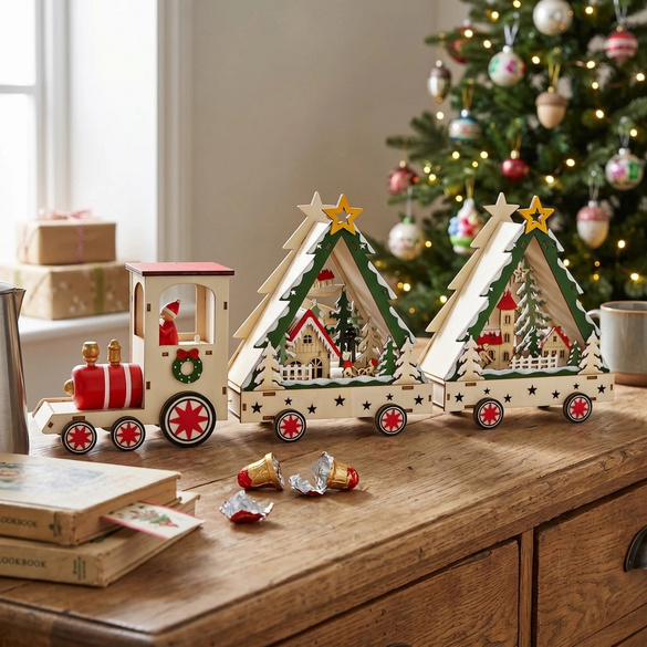 LED-Winterszene Zug mit Timer aus Holz – Wurm