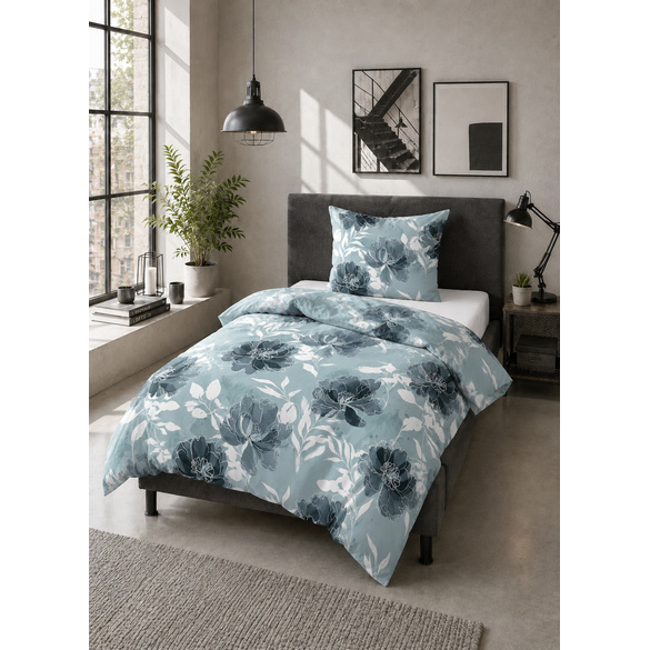 Castell Polycotton-Biber-Bettwäsche „Floral“ petrol